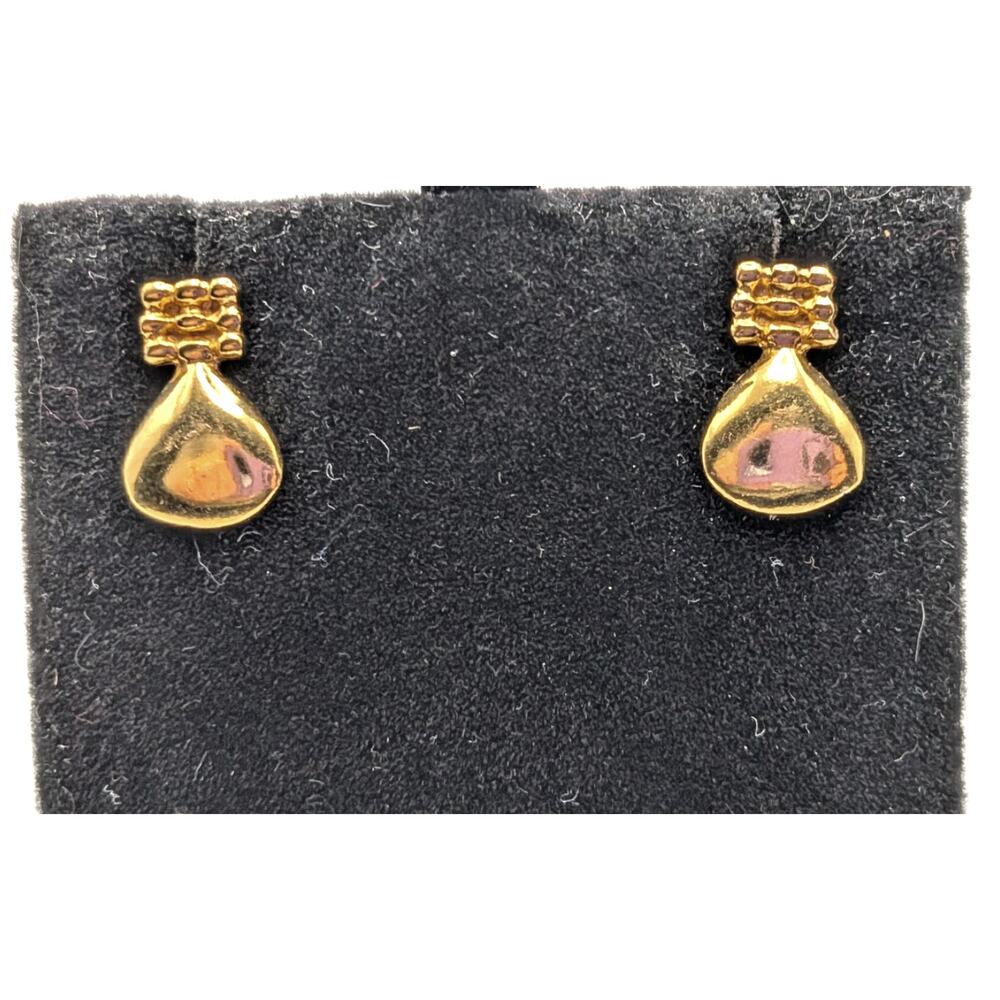 MMA Gold Tone Teardrop Stud Earrings Textured Designer 0.75in